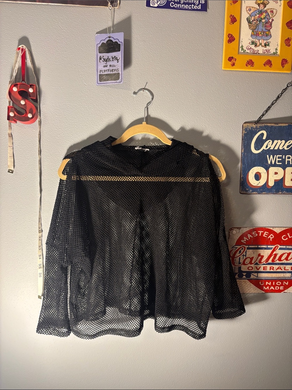 Black fishnet hoodie / Sheer Mesh Long Sleeve Top